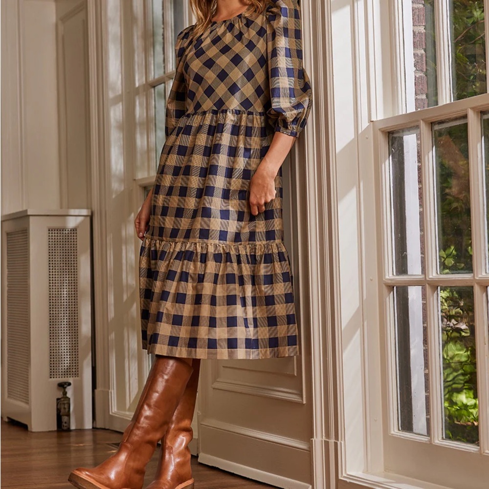 Summersalt The Tiered Midi Dress - Buffalo Check in Midnight & Toffee- M